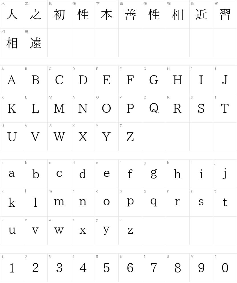 晴空明朝的字符映射图