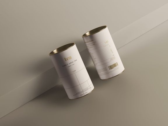 高级茶叶食品圆柱金属包装罐外观贴纸样机