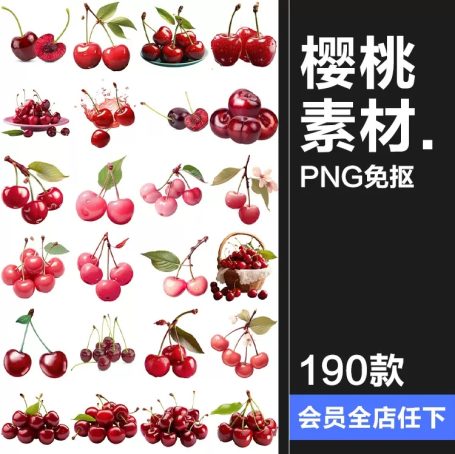 190款车厘子图片樱桃特写cherry级别35J手绘海报装饰元素PNG免抠素材
