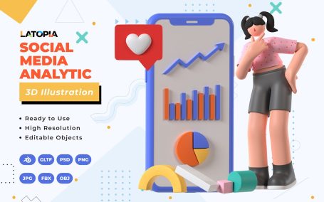 社交媒体分析 3D插画 (JPG,PNG,PSD)