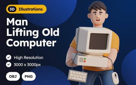 男子举起旧电脑 3D 人物插画 (PNG,OBJ)
