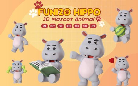 河马吉祥物动物3D卡通模型 (BLEND,GLTF,FBX,OBJ,PSD,PNG)