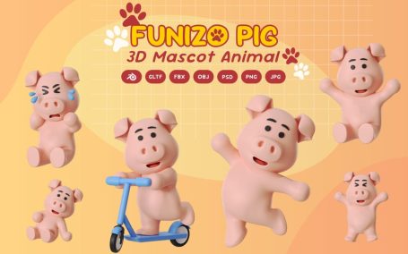 猪吉祥物动物3D卡通模型 (BLEND,GLTF,FBX,OBJ,PSD,PNG)