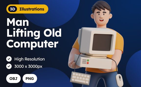 男子举起旧电脑 3D 人物插画 (PNG,OBJ)
