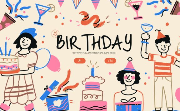 手绘生日庆祝矢量插画 (AI,EPS)