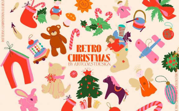 矢量复古圣诞玩具和鲜花 (AI,PNG)