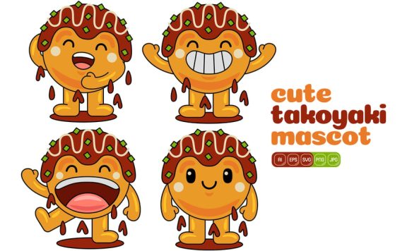 可爱的章鱼烧吉祥物矢量包 #01 (AI,EPS,PDF,JPG,SVG,PNG)