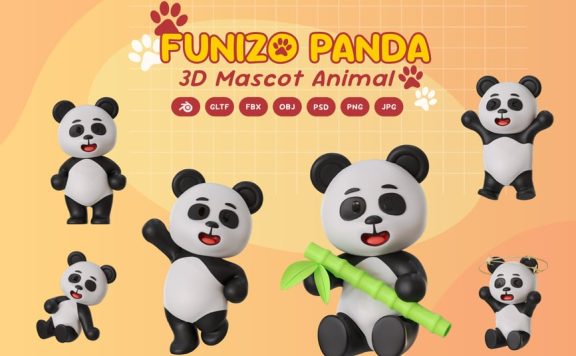 熊猫吉祥物动物3D卡通模型 (BLEND,GLTF,FBX,OBJ,PSD,PNG)