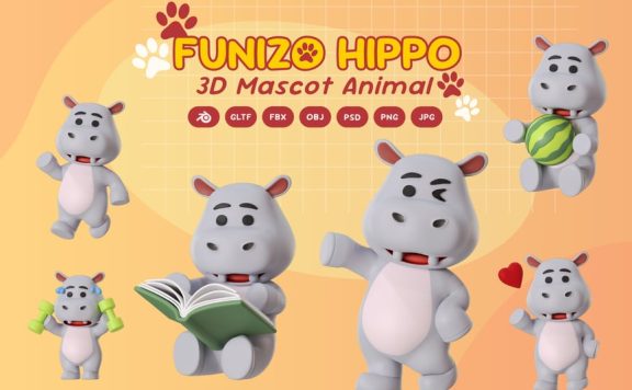 河马吉祥物动物3D卡通模型 (BLEND,GLTF,FBX,OBJ,PSD,PNG)