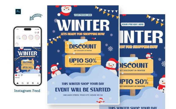 圣诞节冬季销售日传单模板海报模板 (PSD)