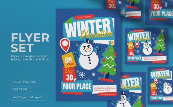 雪人圣诞节寒假海报模板 (AI,PSD)
