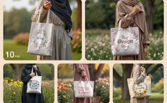 拿着帆布手提袋模型的样机 (PSD)