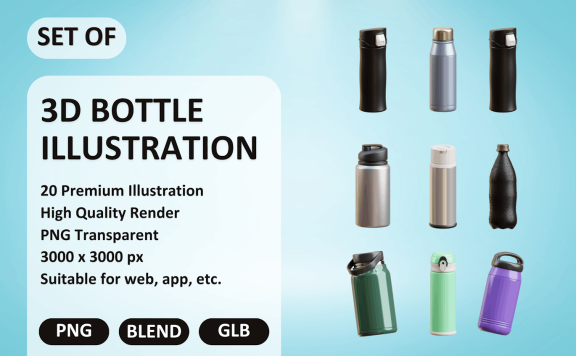3D 瓶子插图 (PNG,Blend,GLB)