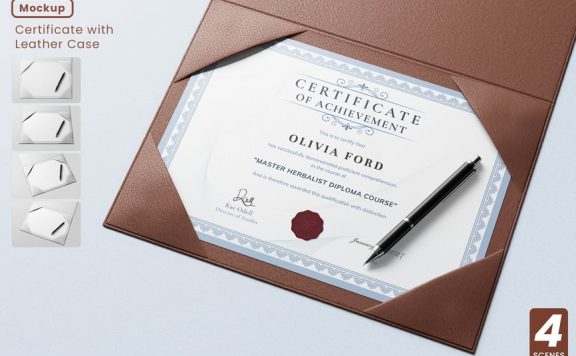 带皮革盒模型套件的证书样机 (PSD)