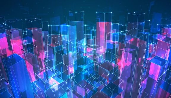 矢量抽象的 3d 科技科幻水晶城市屋顶的景色EPS