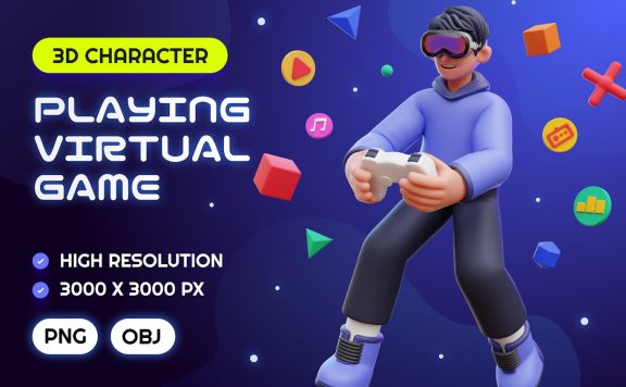 男子玩虚拟游戏 3D 插图 (PNG,OBJ)