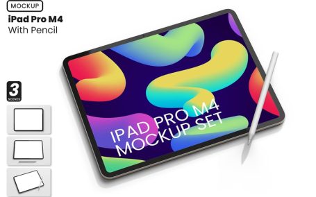 iPad Pro M4与触控笔模型样机 (PSD)