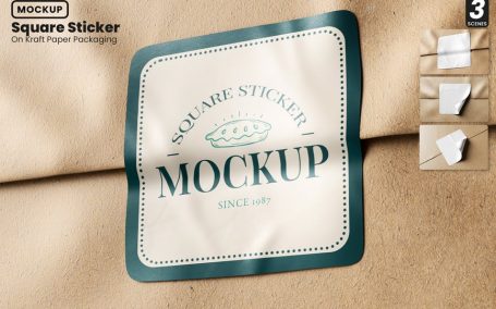 牛皮纸包装模型上的方形贴纸样机 (PSD)