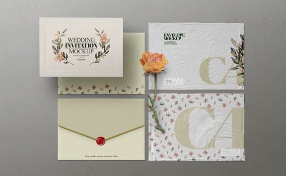 信封模型C4邮寄婚礼邀请函样机 (PSD)