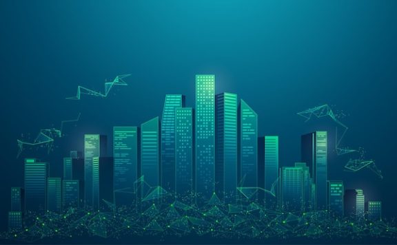 智慧城市或数字城市的概念，以未来主义风格呈现的带有低聚元素的建筑图形