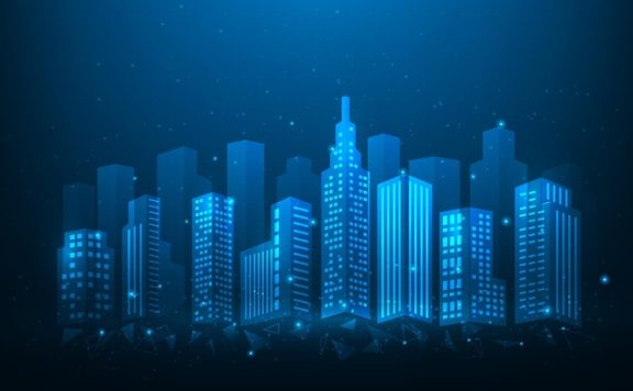 蓝色背景下的智能城市技术数字全球社交网络建设概念图