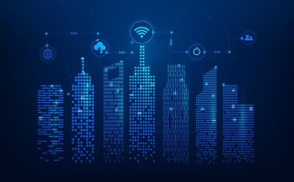 智能城市技术 蓝色背景上的数字网络连接 物联网技术