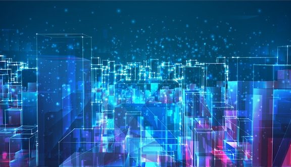 矢量抽象的 3d 水晶城市屋顶的景色，一大片杂乱无章的玻璃挂件组