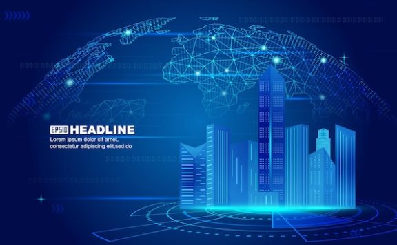 未来城市建筑上的电路转盘概念矢量背景