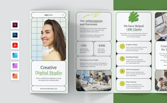 数字工作室宣传册三栏式模板 (PSD,INDD,PDF)