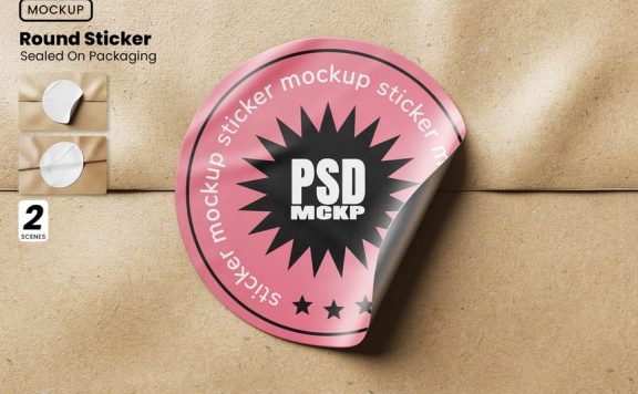 包装模型密封的圆形贴纸样机 (PSD)