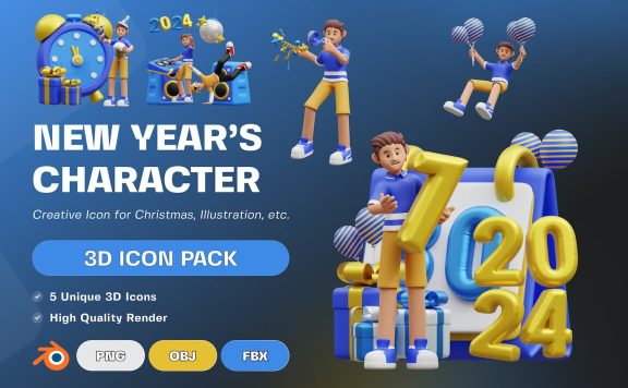 新年人物 3D 插图 (PNG,Blend)