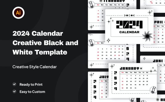2024年日历创意黑白模板 (AI,EPS)