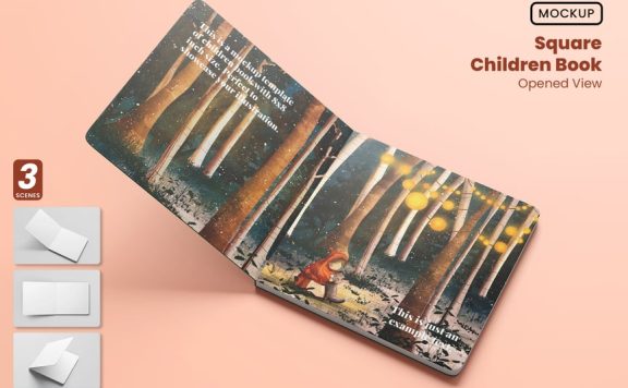 方形儿童书模型 – 开放的视图样机 (PSD)