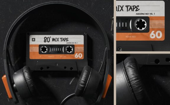 带有耳机模型的复古音频盒样机 (PSD)