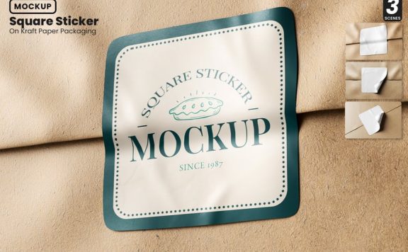 牛皮纸包装模型上的方形贴纸样机 (PSD)