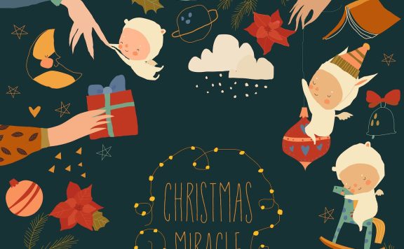 矢量圣诞快乐派对海报与天使 (AI,EPS,JPG,PNG)