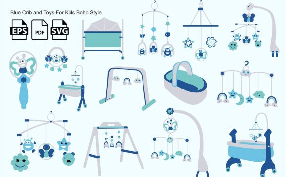 波西米亚风格儿童蓝色婴儿床和玩具 (EPS,PDF,SVG)