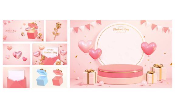 3D 粉色母亲节模板和元素 (AI,EPS,JPG)