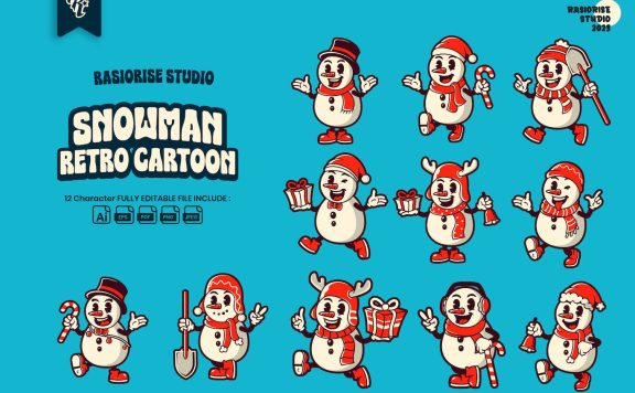 复古雪人卡通对象集(AI,EPS,PDF,PNG,JPG)