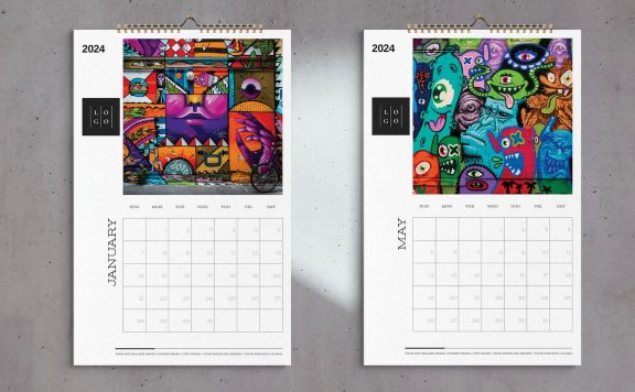 街头艺术涂鸦墙日历 2024 年模板 (INDD)