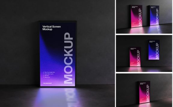 垂直霓虹灯灯箱广告模型样机 (PSD)