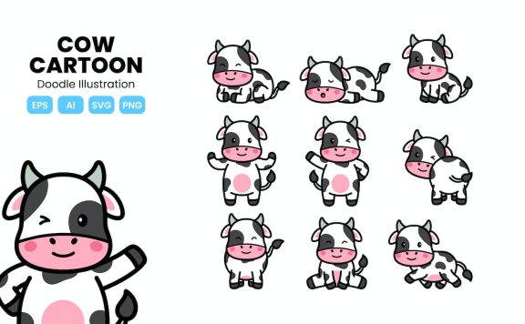 可爱的牛涂鸦卡通 (AI,EPS,PNG,SVG)