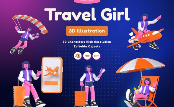旅行女孩 3D 插图 (PNG,Blend)