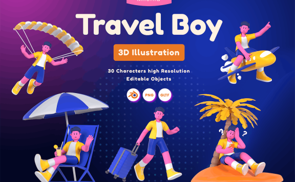 旅行男孩 3D 插图 (PNG,Blend)