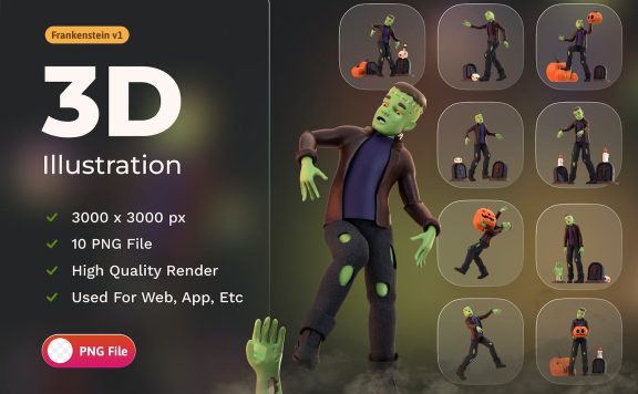 人物万圣节弗兰肯斯坦 3D 插图 (PNG)