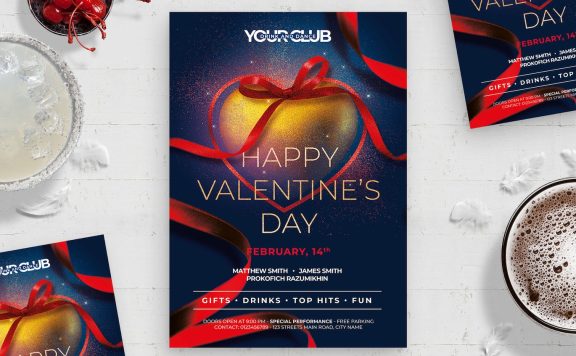 丝带爱心情人节活动海报传单模板 (PSD)