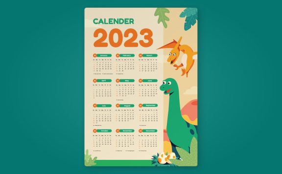 可爱卡通恐龙年份日历设计模板 (AI,EPS,PSD)