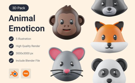 可爱的动物3D插图图标 (PNG,Blend)