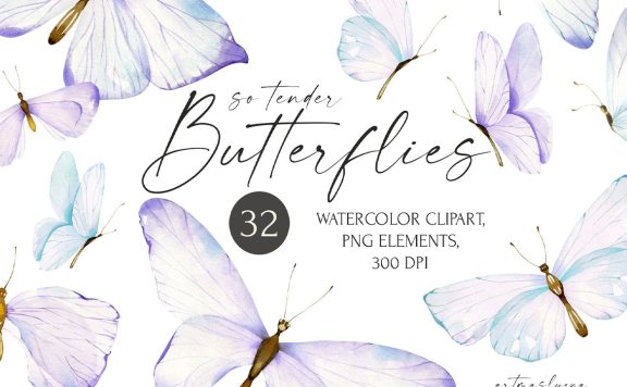 水彩蝴蝶剪贴画。可爱的蓝色昆虫。 (PNG)