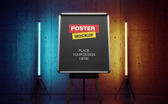 霓虹灯的黑暗房间的海报横幅样机 (PSD)